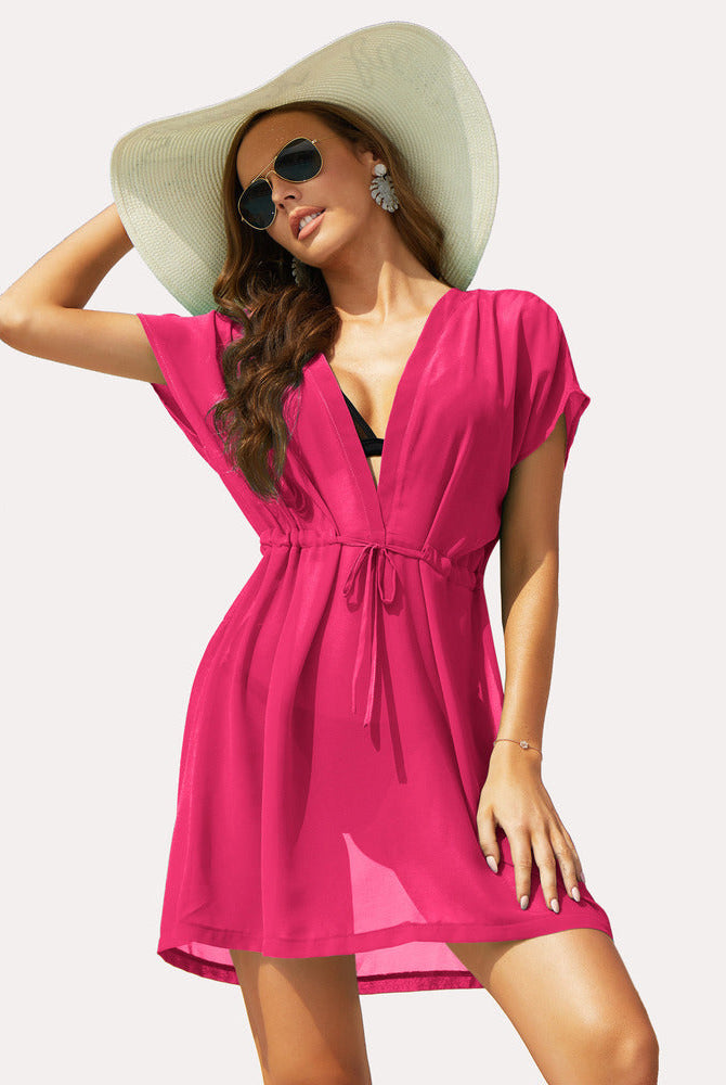 Hot pink chiffon beach coverup with deep V-neck and drawstring waist, perfect for summer by Avidlove