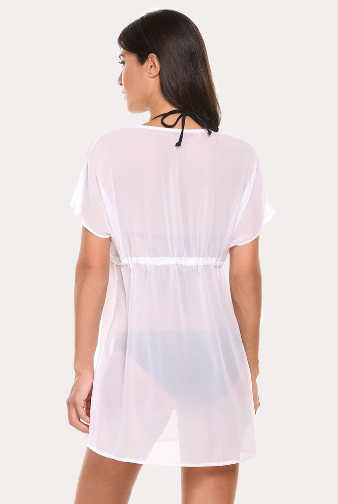 White chiffon beach coverup with drawstring waist and deep V-neck, a perfect summer cover-up