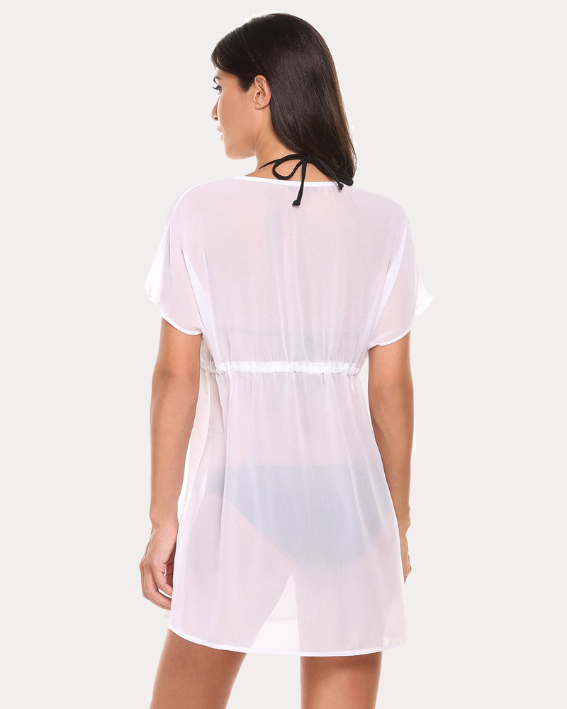 White chiffon beach coverup with drawstring waist and deep V-neck, a perfect summer cover-up