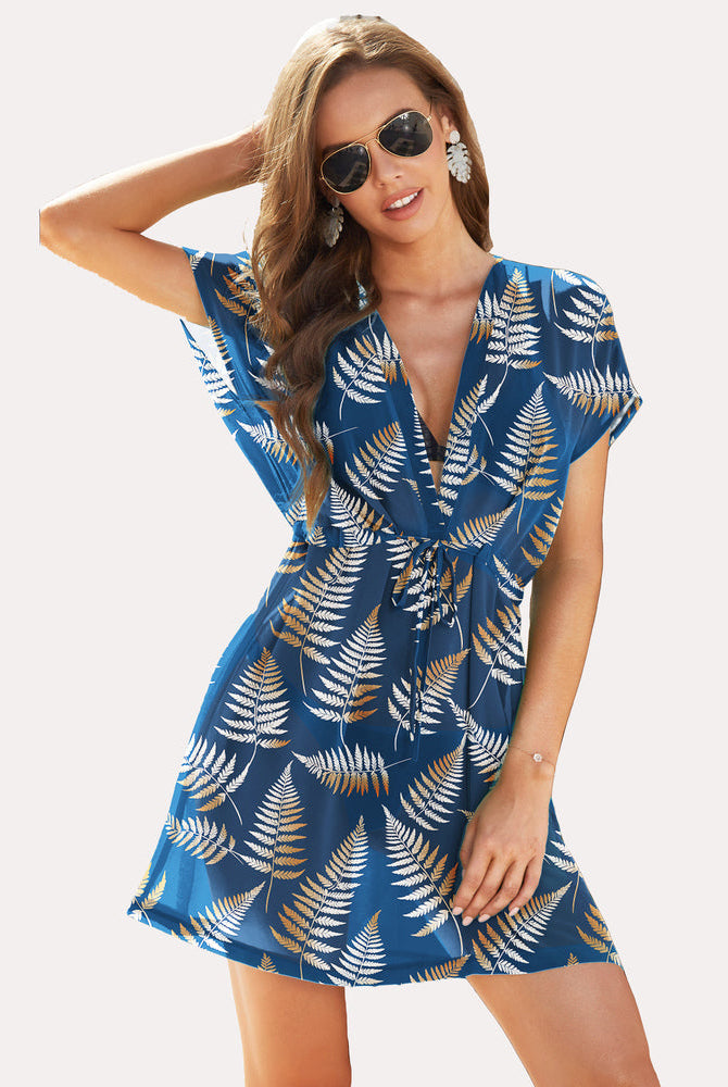 Navy chiffon beach coverup with leaf print, deep V-neck, drawstring waist - summer wear