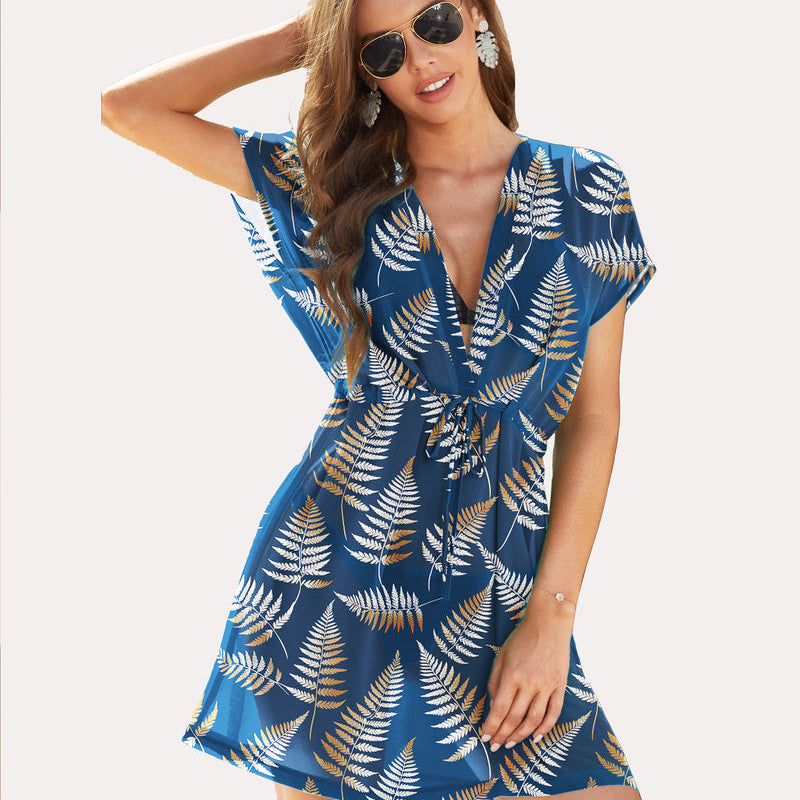 Navy chiffon beach coverup with leaf print, deep V-neck, drawstring waist - summer wear