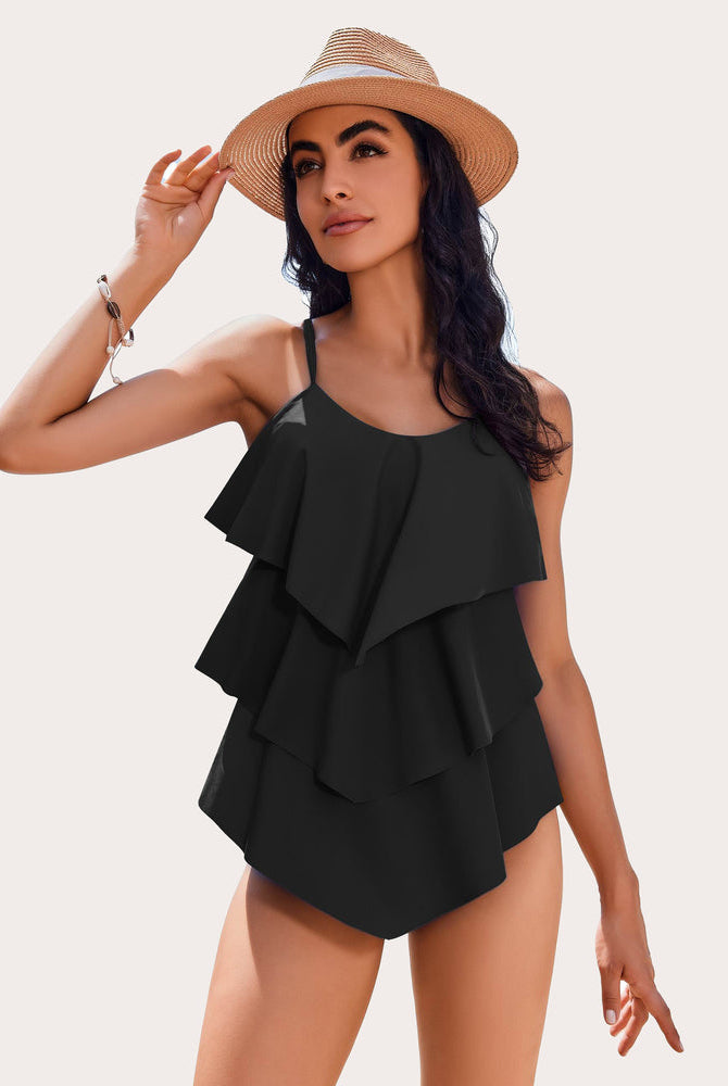 Black V-Neck Ruffle Layered Two Piece Swimsuit with Adjustable Straps