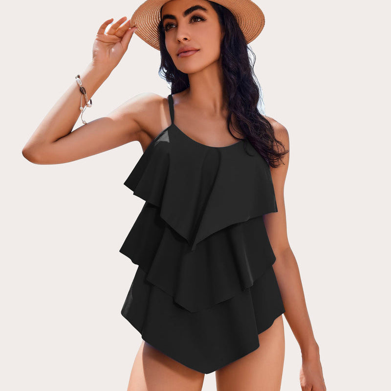 Black V-Neck Ruffle Layered Two Piece Swimsuit with Adjustable Straps