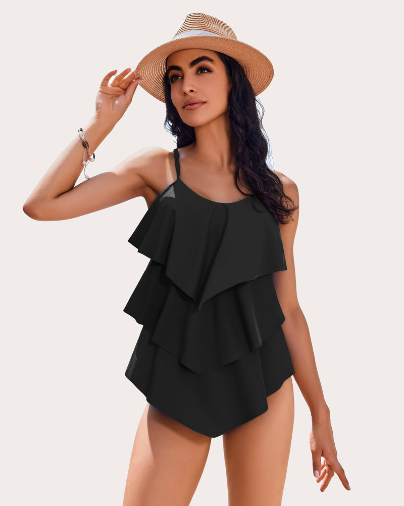 Black V-Neck Ruffle Layered Two Piece Swimsuit with Adjustable Straps