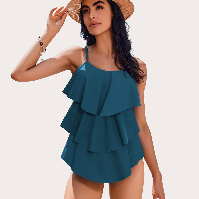 Teal ruffle tankini swimsuit for women, layered design, beachwear, adjustable straps, two-piece set