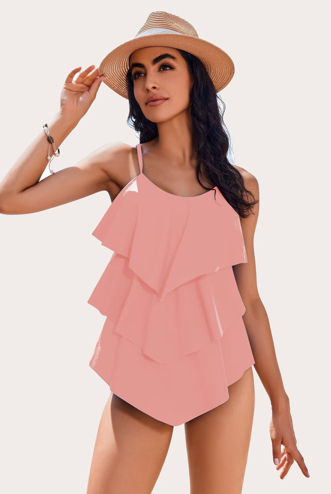 Coral Ruffle Layered Tankini Swimsuit with Adjustable Straps for Women. Beachwear Ready.