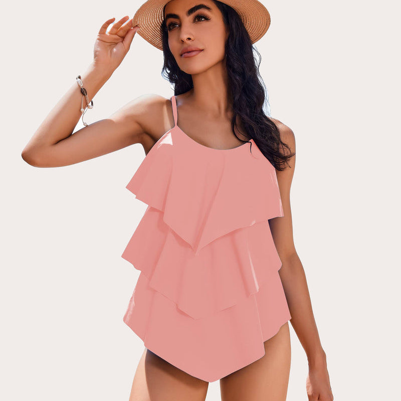 Coral Ruffle Layered Tankini Swimsuit with Adjustable Straps for Women. Beachwear Ready.