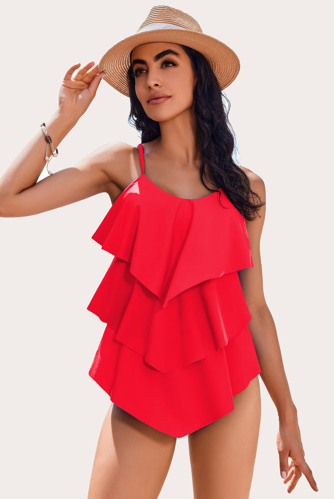 Red ruffle tankini swimsuit with adjustable straps, layered design, perfect for summer beachwear