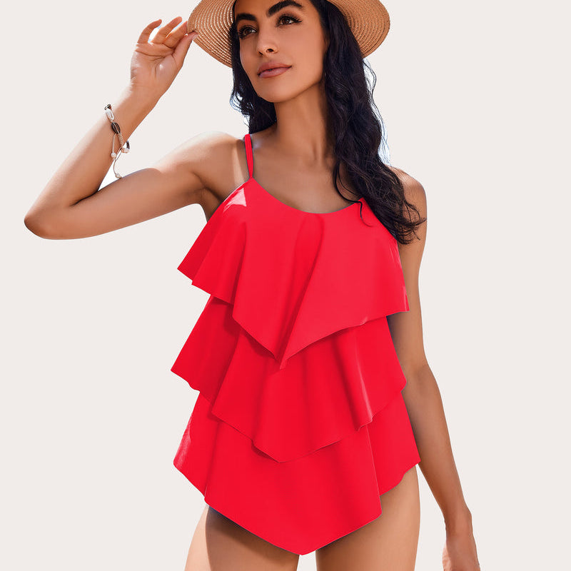 Red ruffle tankini swimsuit with adjustable straps, layered design, perfect for summer beachwear