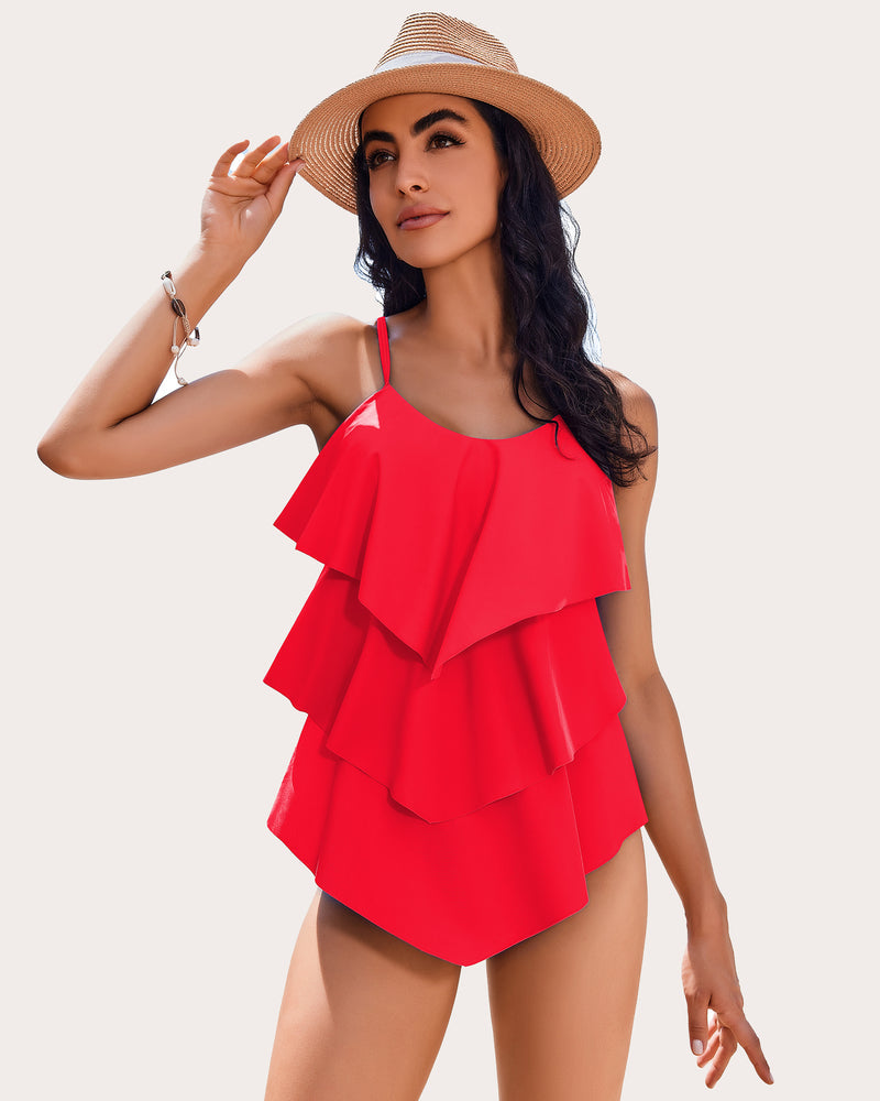 Red ruffle tankini swimsuit with adjustable straps, layered design, perfect for summer beachwear