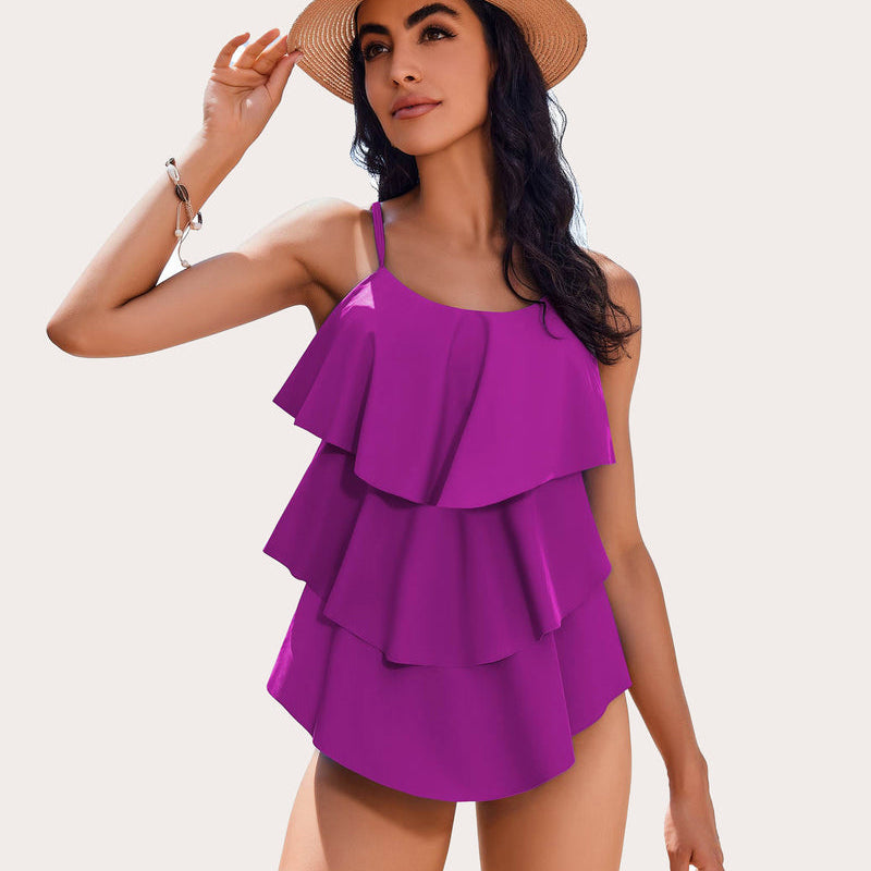 Magenta Ruffle Tankini Swimsuit, Layered design. Adjustable straps, beachwear ready for women.