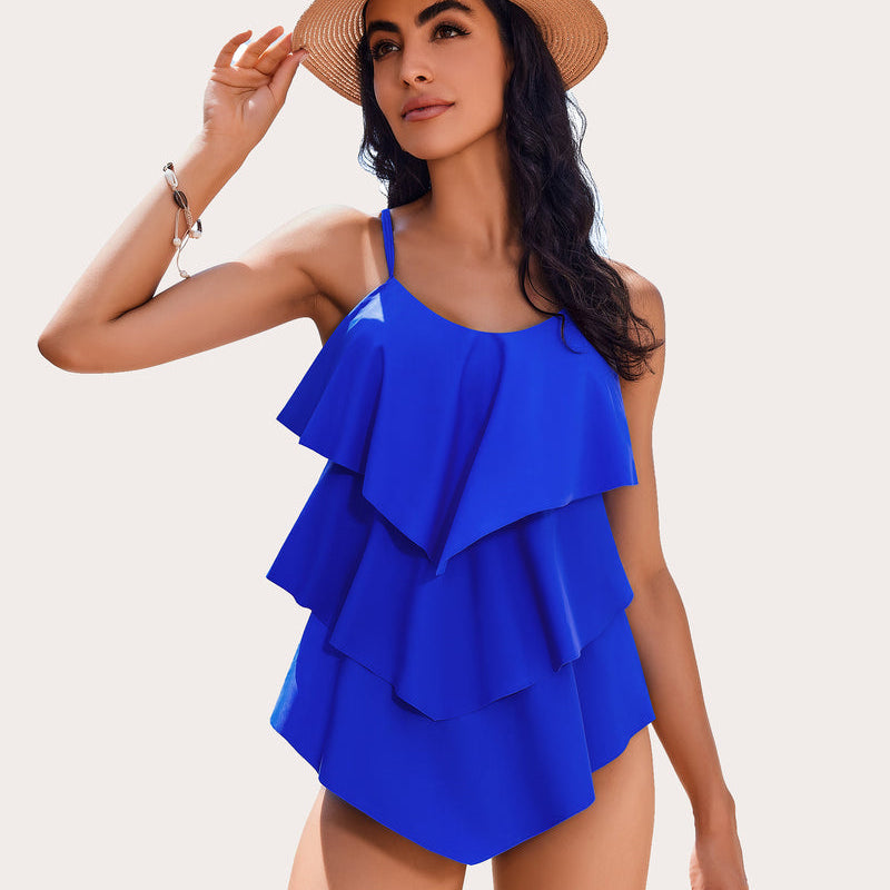 Blue Ruffle Tankini Swimsuit for Women, layered design, adjustable straps, beachwear