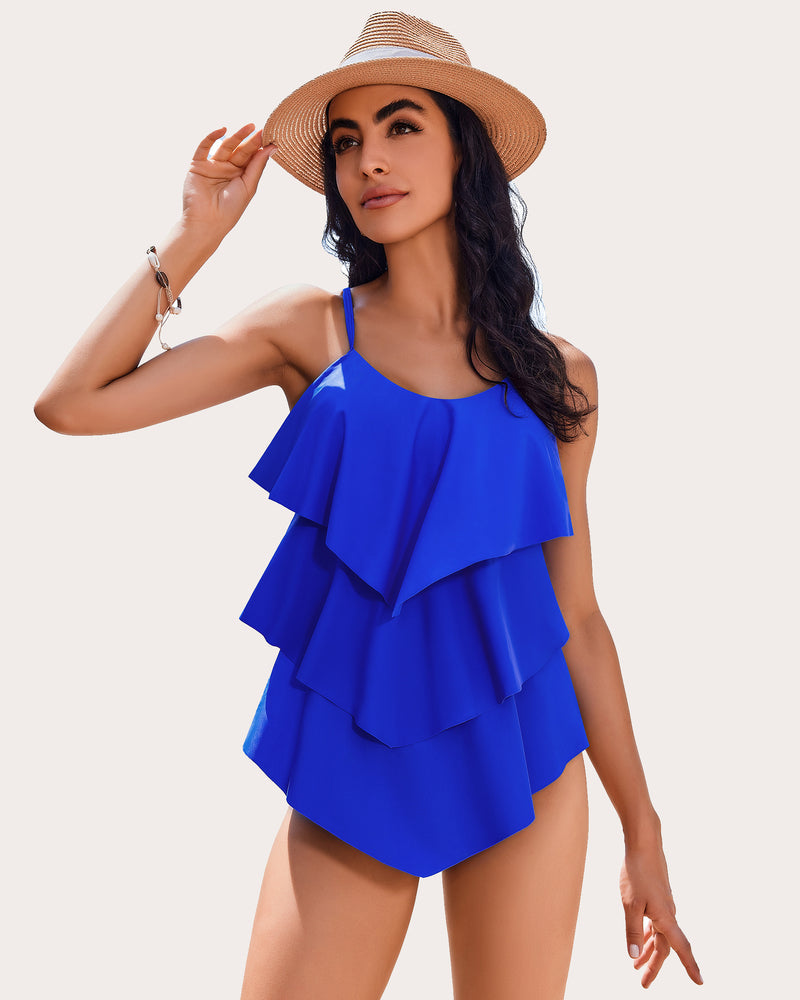 Blue Ruffle Tankini Swimsuit for Women, layered design, adjustable straps, beachwear