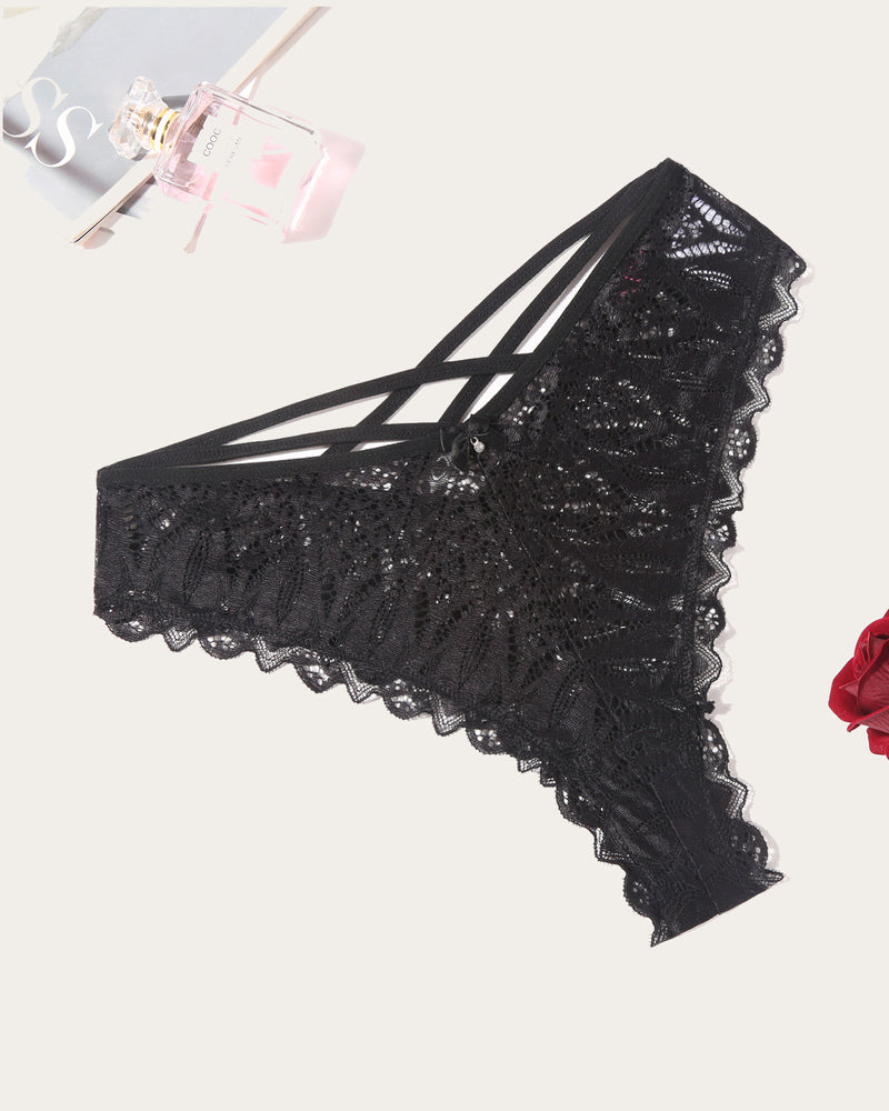 Avidlove black lace cheeky panties. Criss-cross back design, comfortable and sexy underwear option.