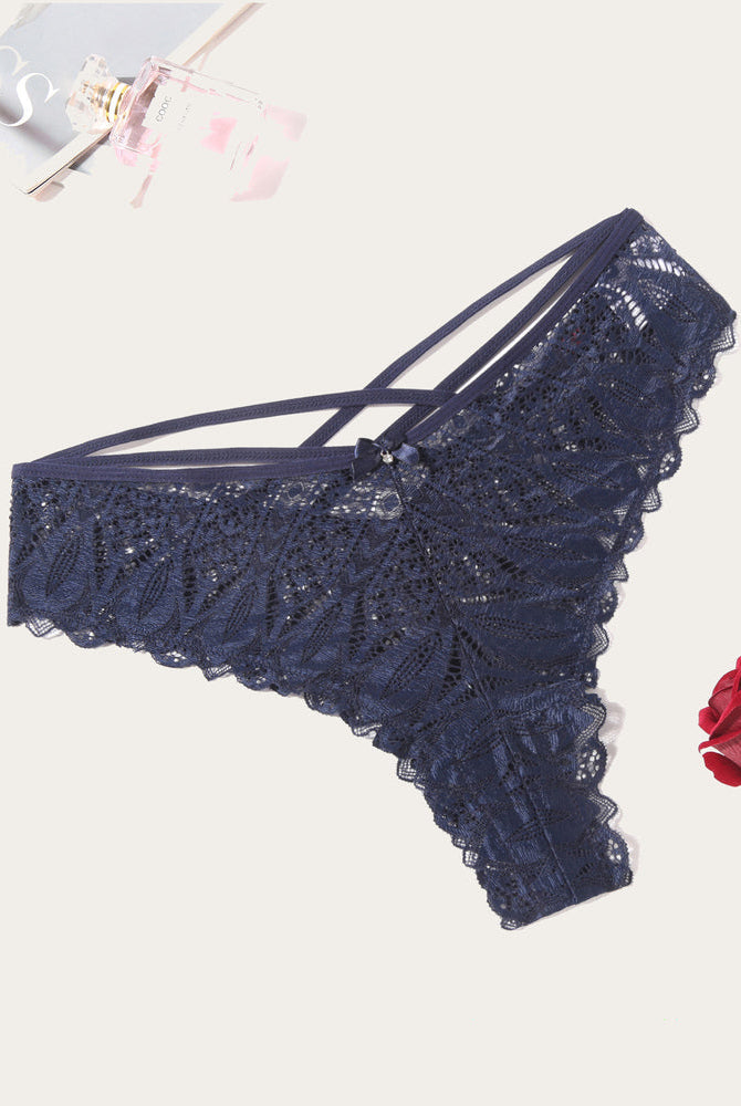 Avidlove navy blue lace cheeky panties with criss-cross back design and wavy trim.