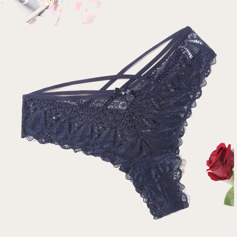 Avidlove navy blue lace cheeky panties with criss-cross back design and wavy trim.