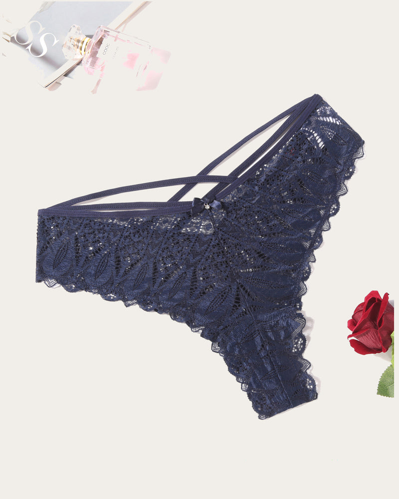 Avidlove navy blue lace cheeky panties with criss-cross back design and wavy trim.
