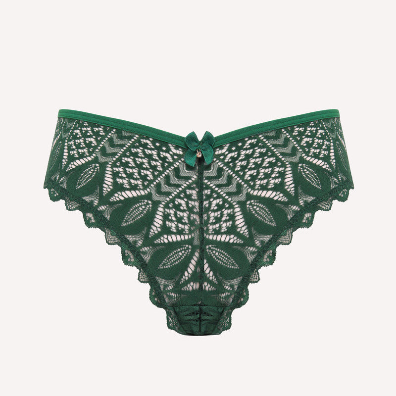 Green lace Avidlove cheeky panties with criss-cross back design and bow detail. Sexy lingerie.