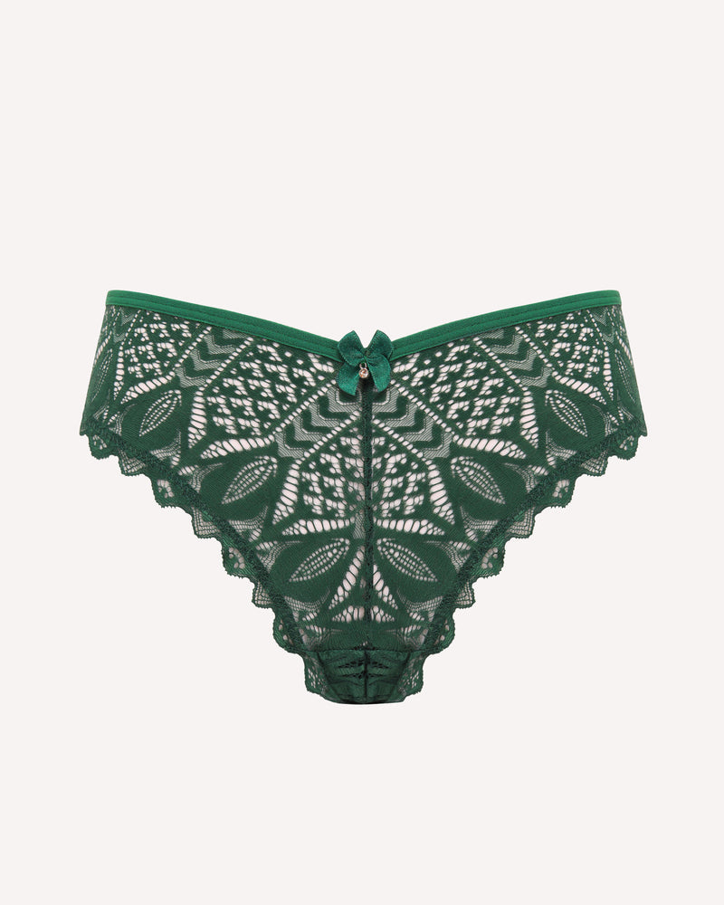 Green lace Avidlove cheeky panties with criss-cross back design and bow detail. Sexy lingerie.
