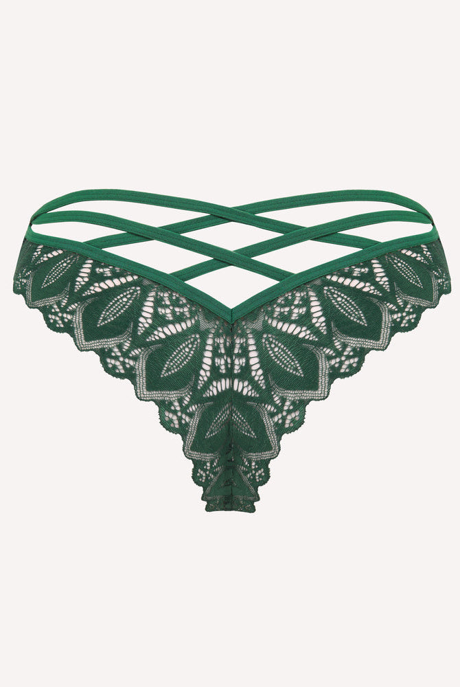 Avidlove green lace cheeky panties with criss-cross back, wavy trim. Comfortable and sexy lingerie.