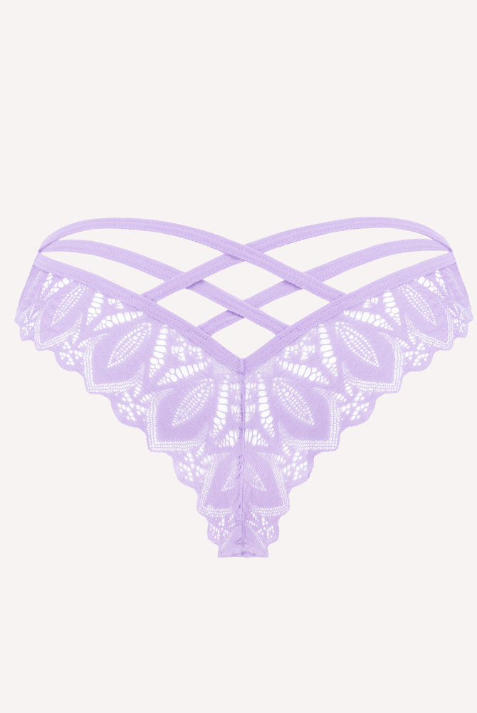 Avidlove lavender lace cheeky panties with criss-cross back design. Comfortable and sexy underwear.
