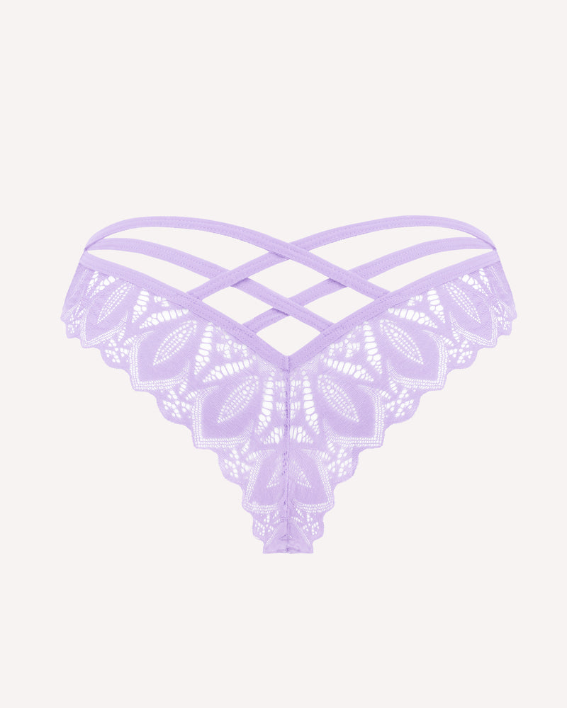 Avidlove lavender lace cheeky panties with criss-cross back design. Comfortable and sexy underwear.