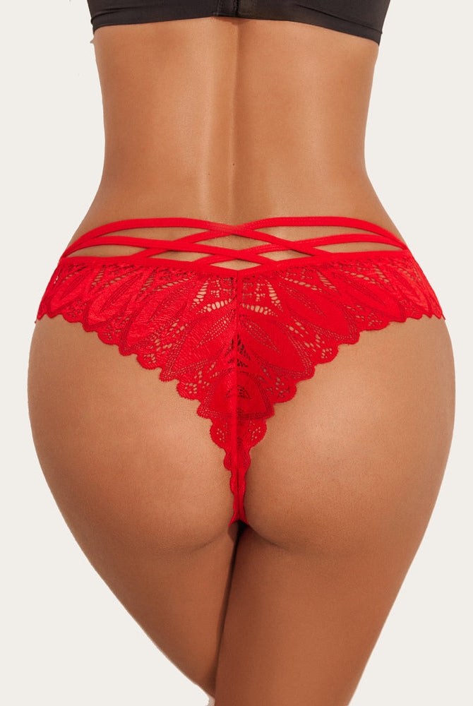 Red lace Avidlove cheeky panties with criss-cross back design and wavy trim, sexy lingerie.