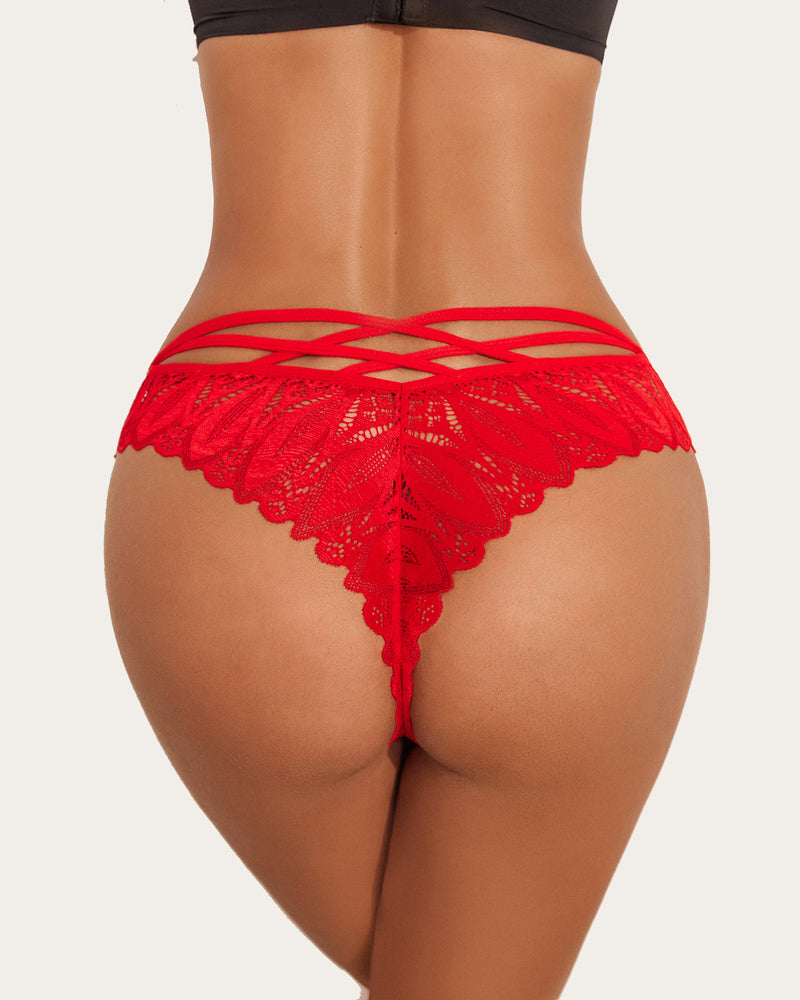 Red lace Avidlove cheeky panties with criss-cross back design and wavy trim, sexy lingerie.