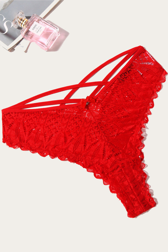 Avidlove red lace Cheeky Panties with criss-cross design and wavy trim, sexy lingerie for women