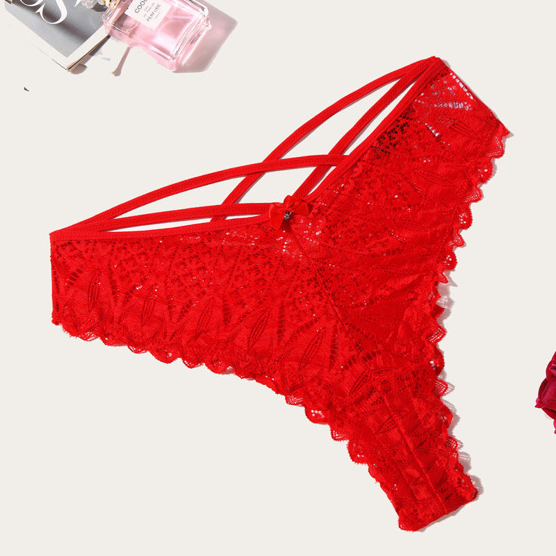 Avidlove red lace Cheeky Panties with criss-cross design and wavy trim, sexy lingerie for women