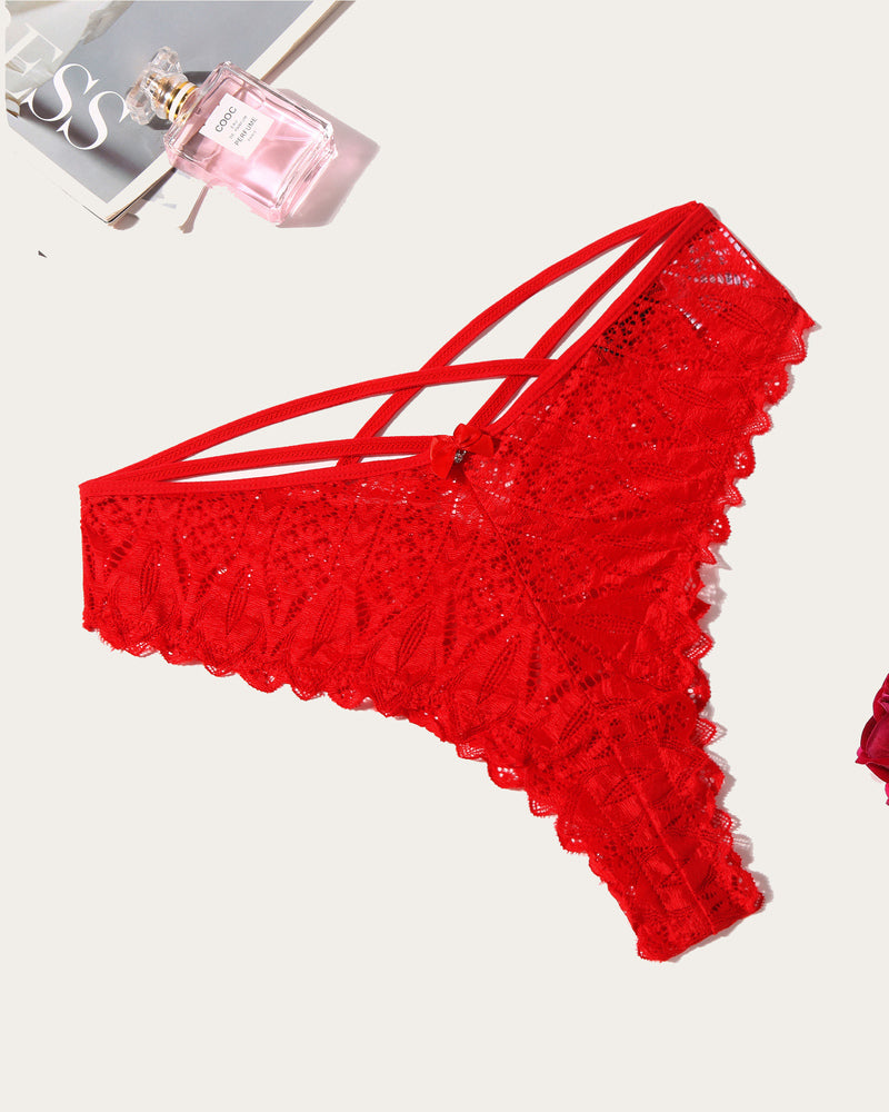 Avidlove red lace Cheeky Panties with criss-cross design and wavy trim, sexy lingerie for women
