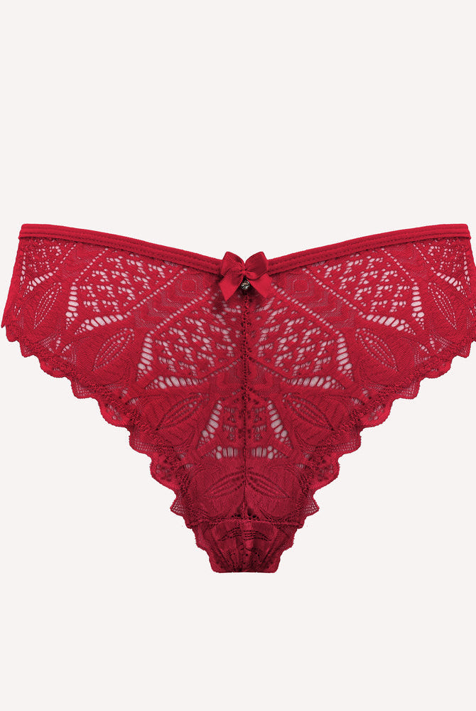 Red Avidlove lace cheeky panties with bow detail and scalloped trim. Sexy and comfortable design.