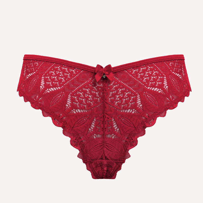 Red Avidlove lace cheeky panties with bow detail and scalloped trim. Sexy and comfortable design.