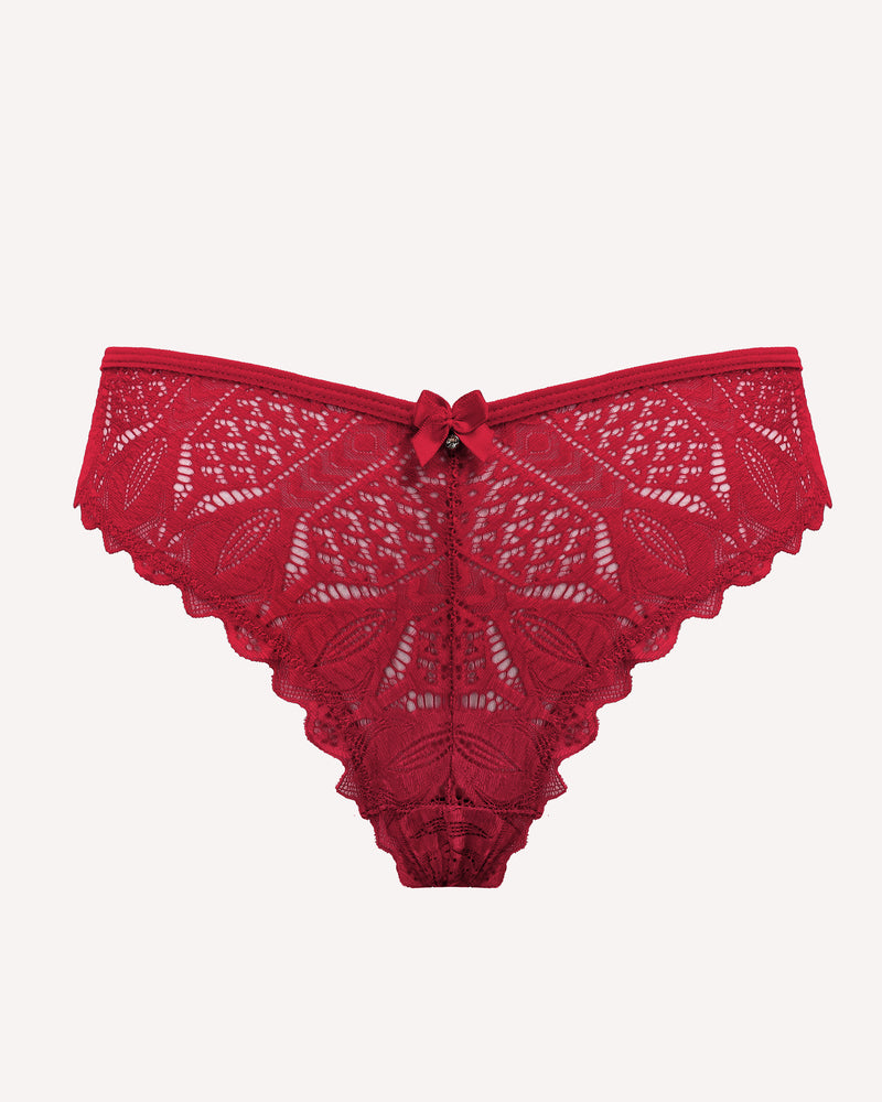 Red Avidlove lace cheeky panties with bow detail and scalloped trim. Sexy and comfortable design.