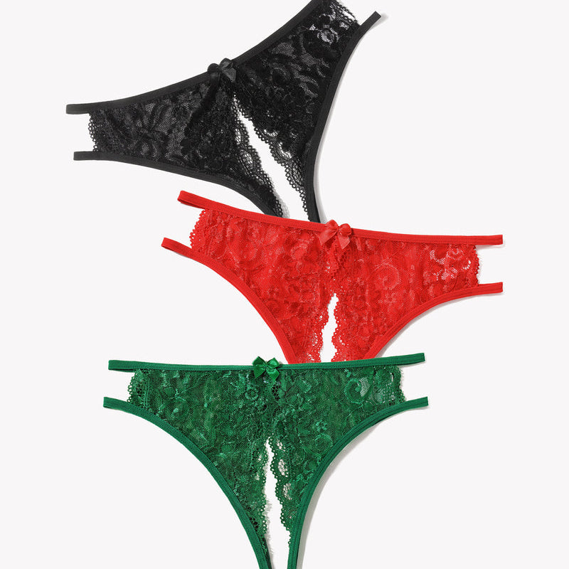 Avidlove floral lace low-rise panties set: black, red, green. Cut-out, bow details. Sexy lingerie.