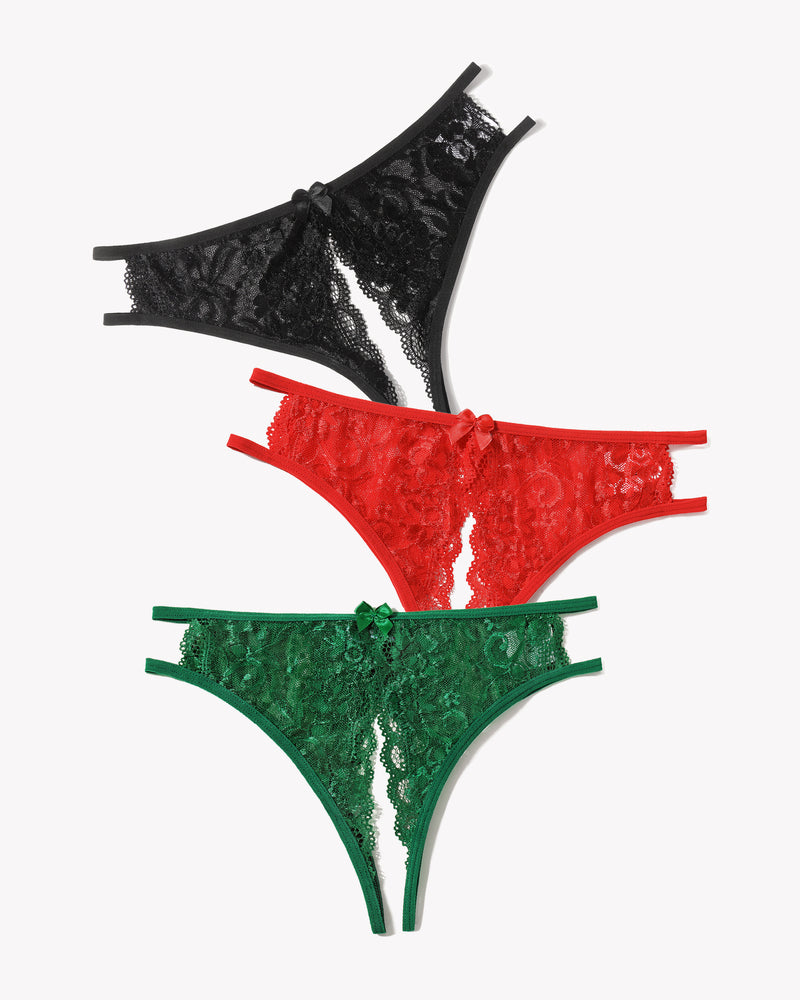 Avidlove floral lace low-rise panties set: black, red, green. Cut-out, bow details. Sexy lingerie.