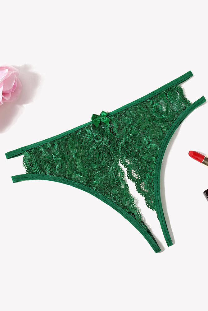 Emerald green floral lace low-rise panties with bow; sexy lingerie design for flirty confidence.