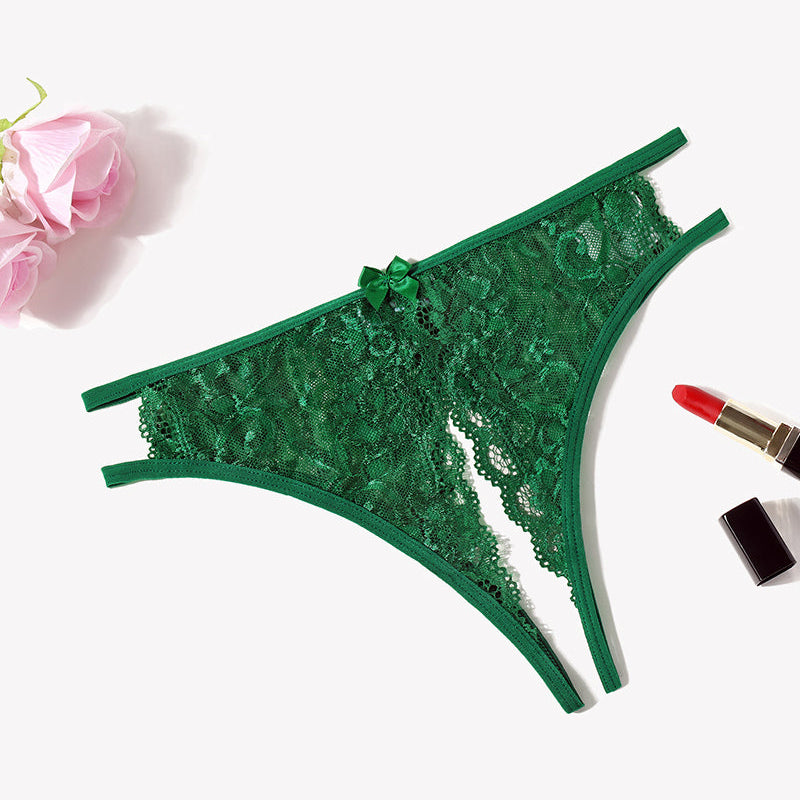Emerald green floral lace low-rise panties with bow; sexy lingerie design for flirty confidence.