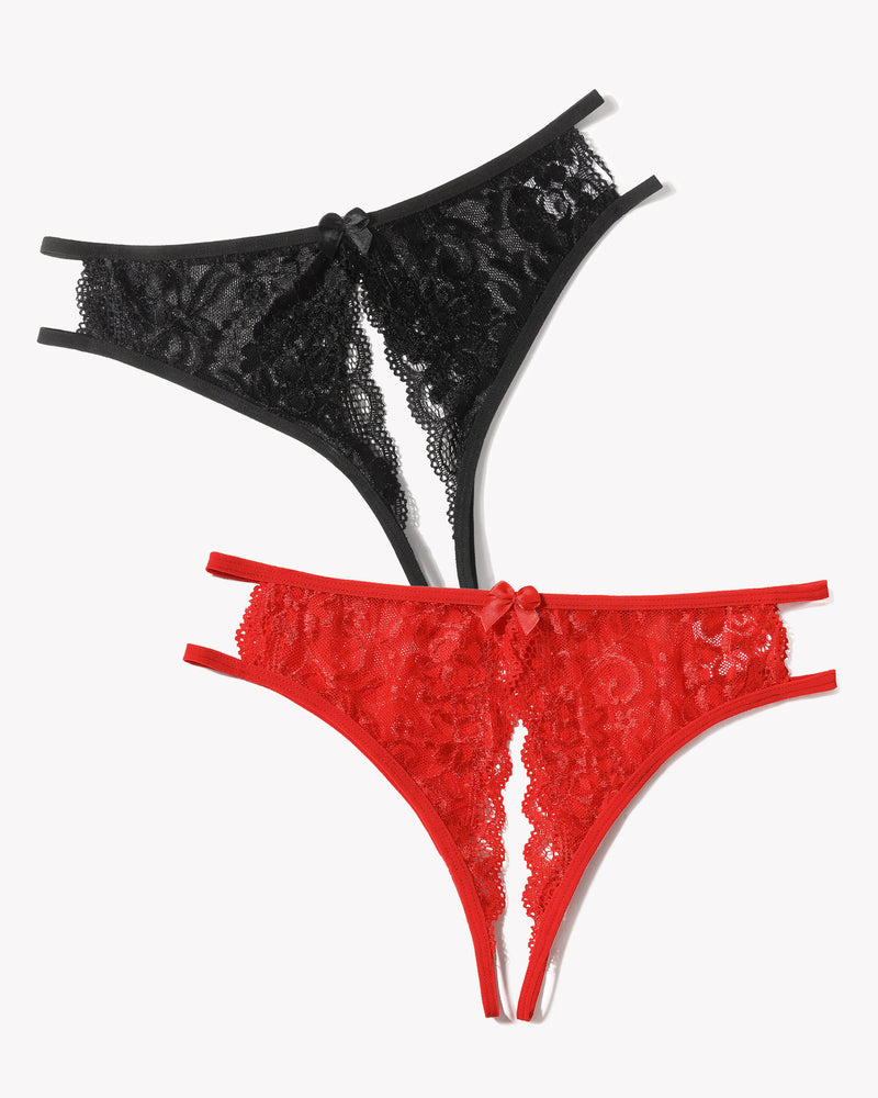 Avidlove floral lace panties in black and red, low-rise design, cut-out, bow detail. Sexy lingerie.