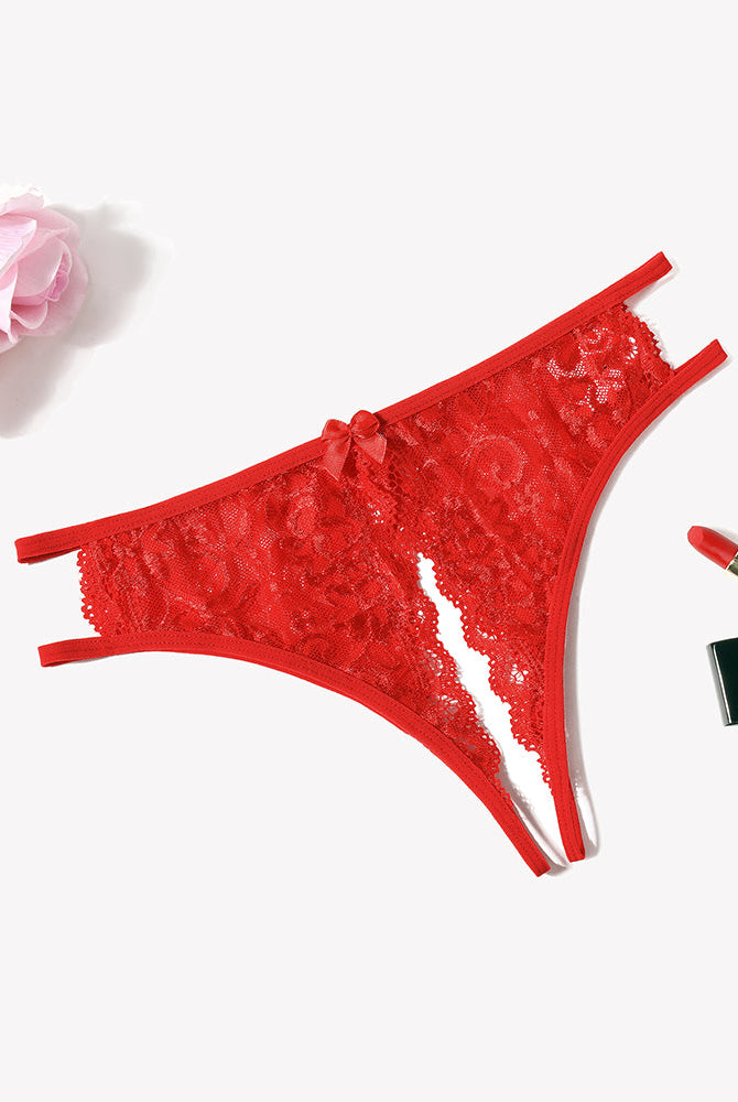 Red floral lace panties with cut-out design and bow; low-rise lingerie for a flirty look, Avidlove