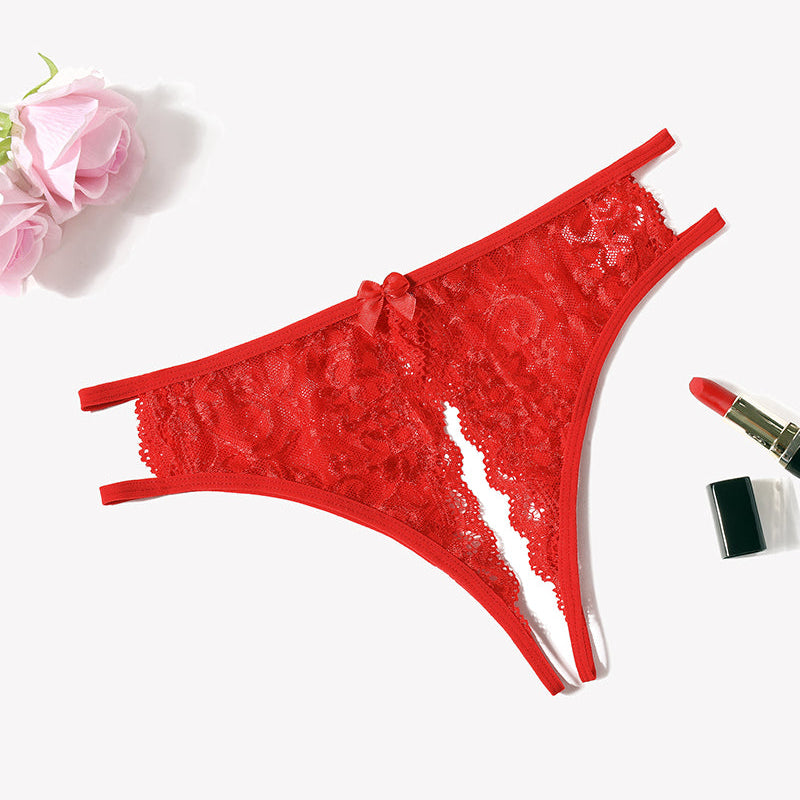 Red floral lace panties with cut-out design and bow; low-rise lingerie for a flirty look, Avidlove