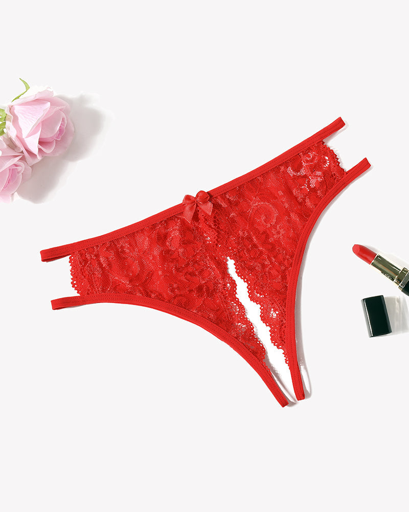 Red floral lace panties with cut-out design and bow; low-rise lingerie for a flirty look, Avidlove