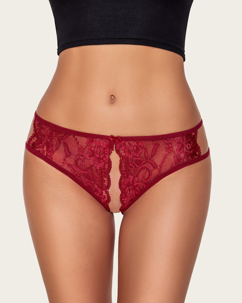 Burgundy floral lace panties with bow and cut-out design, low-rise for a sexy look.
