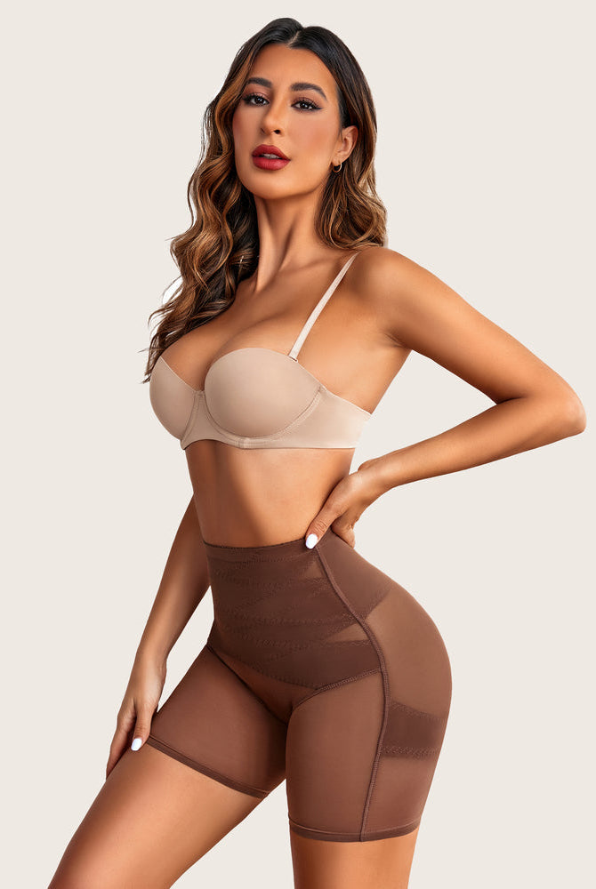 Brown high-waisted shapewear shorts, offering tummy control and butt lift for a smooth silhouette