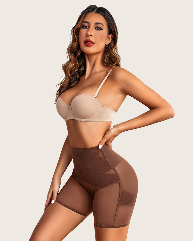 Brown high-waisted shapewear shorts, offering tummy control and butt lift for a smooth silhouette