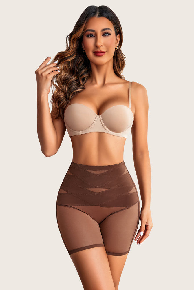 Brown high-waisted shapewear shorts, tummy control and butt lift, and beige strapless bra