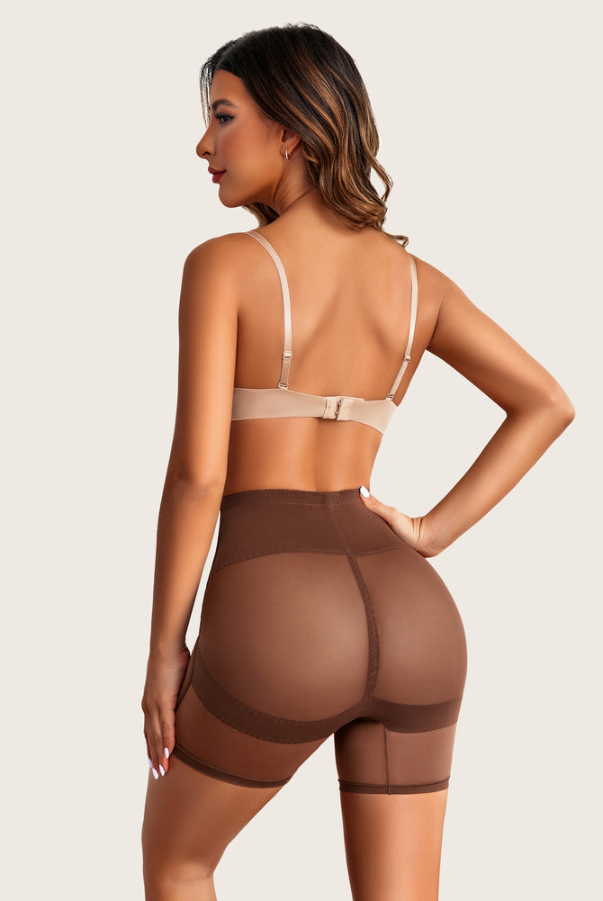 Brown high-waisted shapewear shorts with tummy control and butt lift, smoothing silhouette under bra