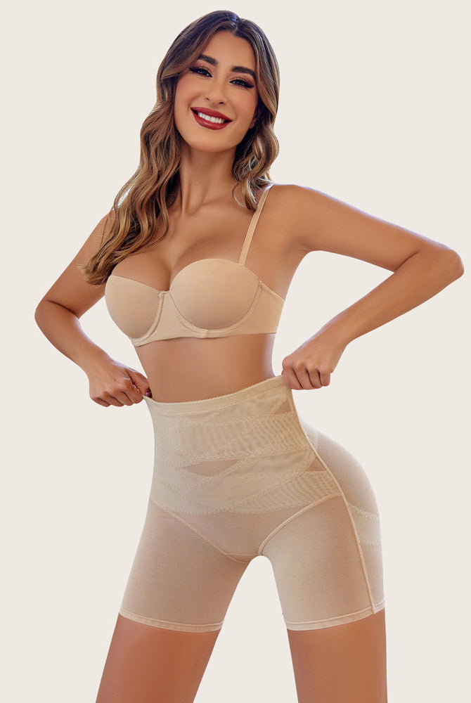 Beige high-waisted shapewear with tummy control and butt lift, smoothing silhouette