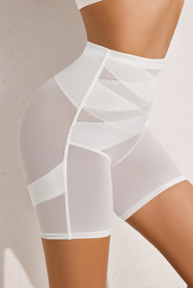 White high-waisted shapewear shorts with tummy control and butt lift, smoothing silhouette