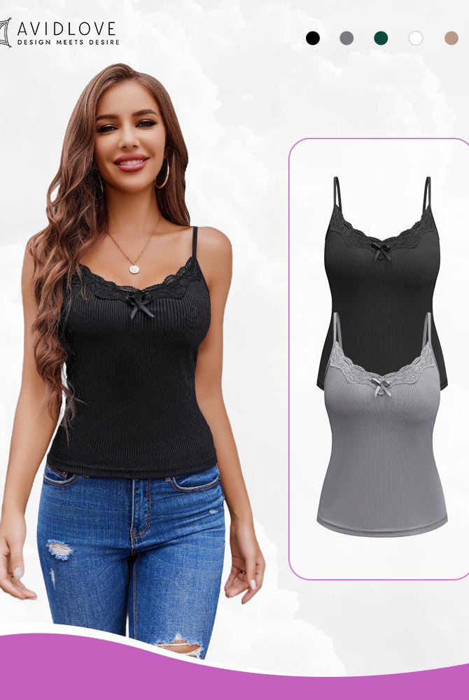 Avidlove 2-Pack Cami Tops: Black and Gray, lace detail, adjustable straps; elegant and sexy design.